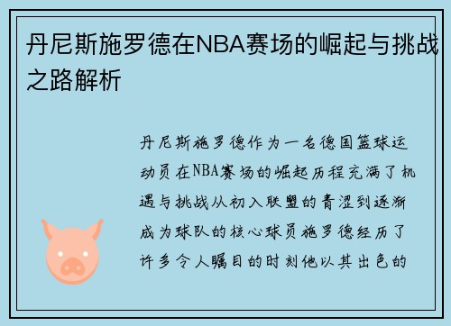 丹尼斯施罗德在NBA赛场的崛起与挑战之路解析