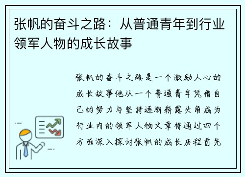 张帆的奋斗之路：从普通青年到行业领军人物的成长故事
