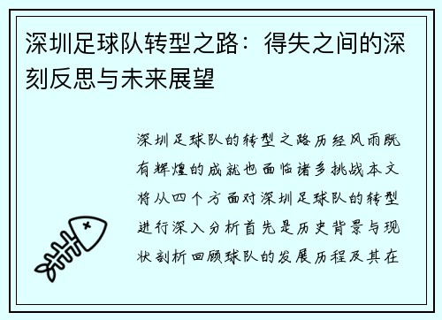 深圳足球队转型之路：得失之间的深刻反思与未来展望