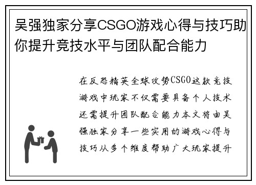 吴强独家分享CSGO游戏心得与技巧助你提升竞技水平与团队配合能力