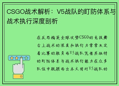CSGO战术解析：V5战队的盯防体系与战术执行深度剖析