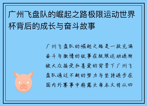 广州飞盘队的崛起之路极限运动世界杯背后的成长与奋斗故事