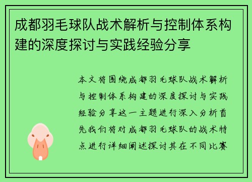 成都羽毛球队战术解析与控制体系构建的深度探讨与实践经验分享