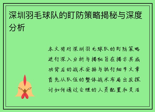 深圳羽毛球队的盯防策略揭秘与深度分析